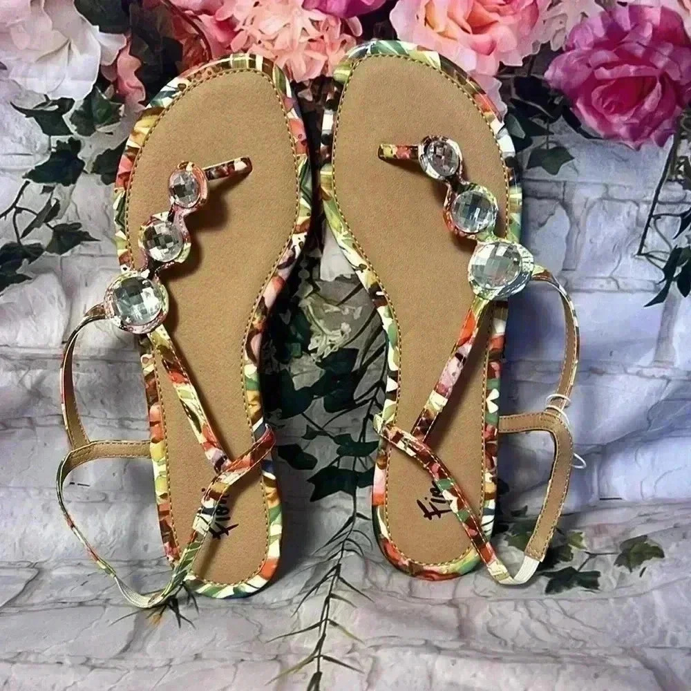 Bejeweled diamond rainbow sparkle sandal flats size 7